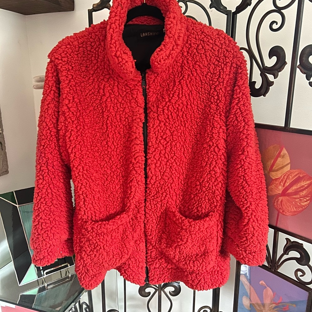 Women's Small Vibrant Red Fluffy Coat